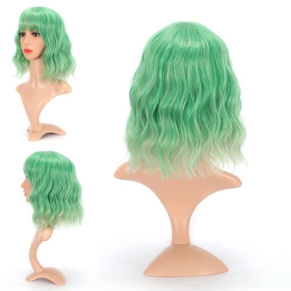 Green Bob Wavy Wigs With Air Bangs - Picture 1 of 2